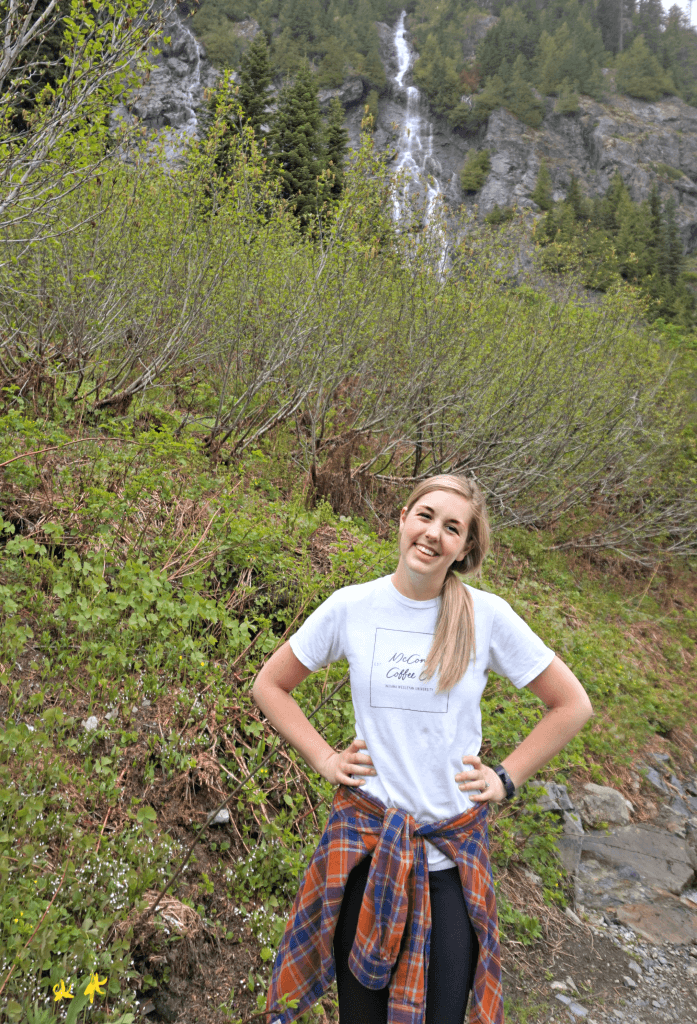 in front of waterfall snow lake trail